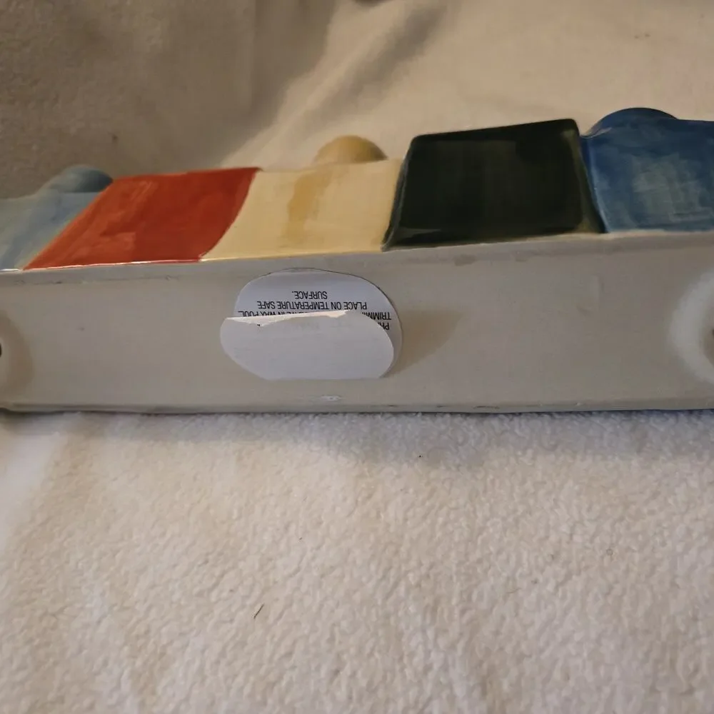 Red White Blue Ceramic Candle Holder Row of Houses 9”x4.5”x2” Holds 3 Candles